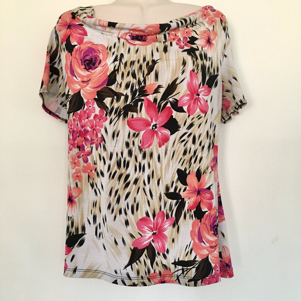Jaclyn Smith,  floral multi color top, S , draped neck